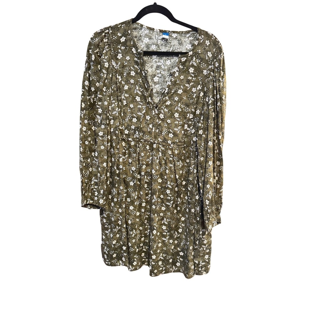 Old Navy Women Large Olive Green Floral Long Sleeve V-Neck Mini Dress Boho L NWT